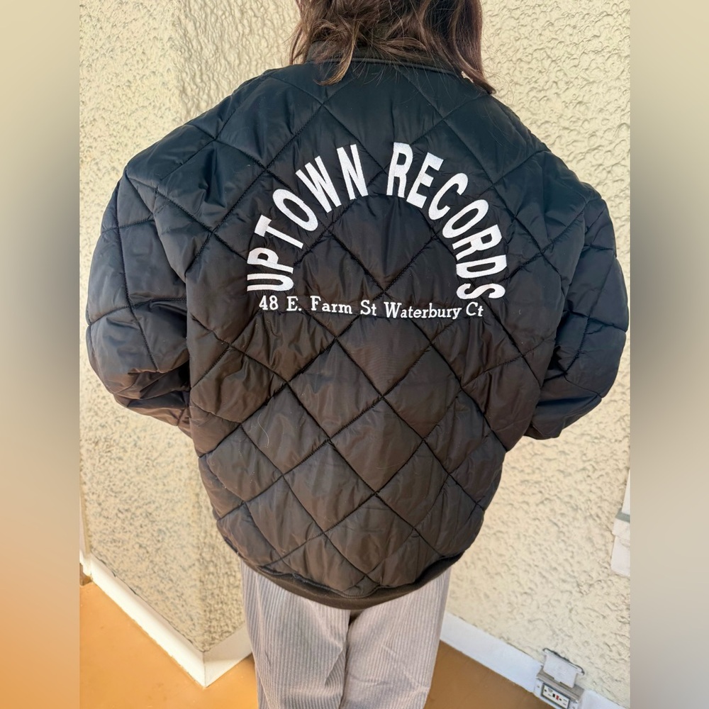 VTG Black Quilted Zip-Up Jacket Advertising Record Store sz 2xl